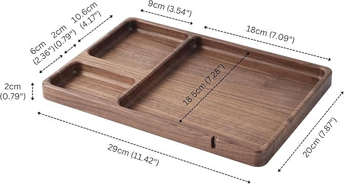 Walnut Wooden Valet Tray – Bedside Table Organizer for Men Dad, Edc Catch All Tray with Cable Slot (11.4 x 7.9 x 0.8 Inch)