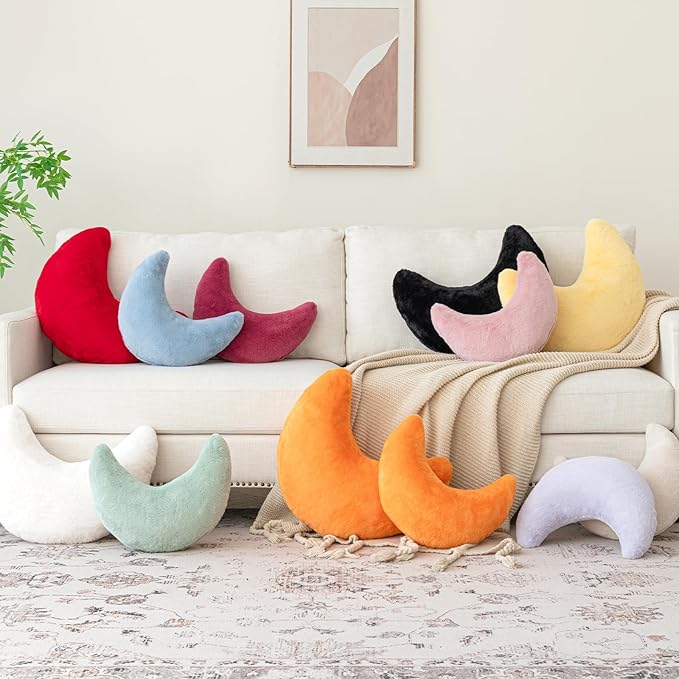 Moon Pillow, Decorative Throw Pillows with Soft Faux Rabbit for Bed Couch, Moon Shaped Pillows Plush Floor Cushions Room Decor Pillow for Sofa Bedroom Living Room (Grey Pink, 19.6 Inches)