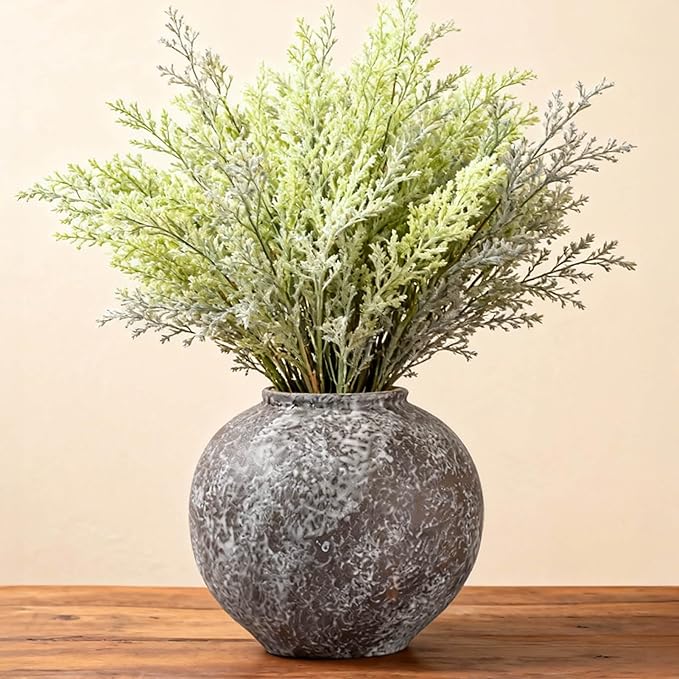 Rustic Black Stone Vase Home Decor - 6 in Ceramic Vintage Farmhouse Vases for Decor, Decorative Terracotta Round Clay vase for Living Room, Table, Shelf, Kichen Décor
