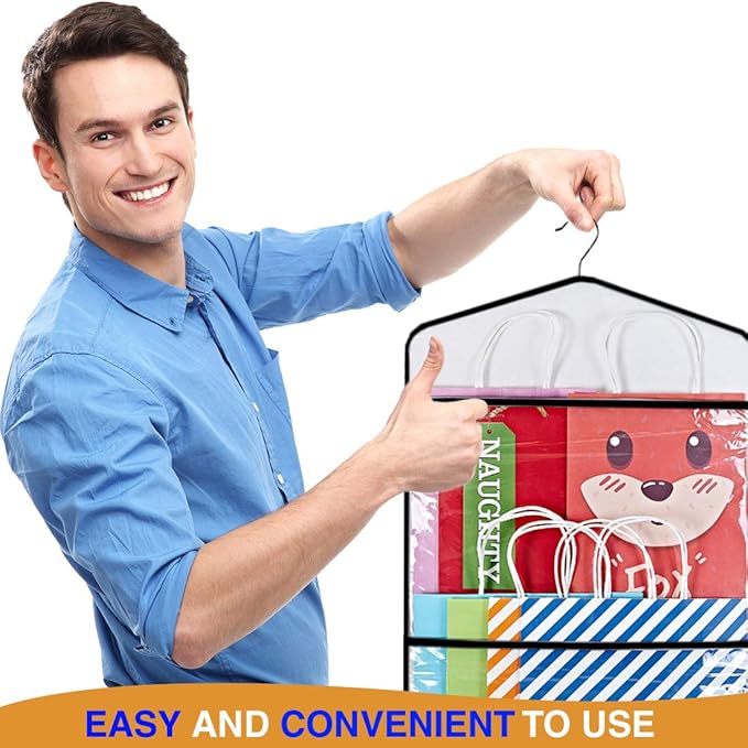ProPik Hanging Double Sided Gift Bag Storage Organizer with Multiple Front and Back Pockets Organize Your Gift Wrap, Tissue Paper, and Paper Bags 38 x 16 Inch PVC (Black)