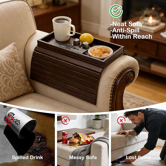 Bamboo Sofa Arm Tray Table, Foldable Couch Arm Tray Side Table, Anti-Falling Armrest Tables Cup Holder for Snacks, Couch Armrest Organizer, Serving Tray for Snacks and Drinks (Brown)