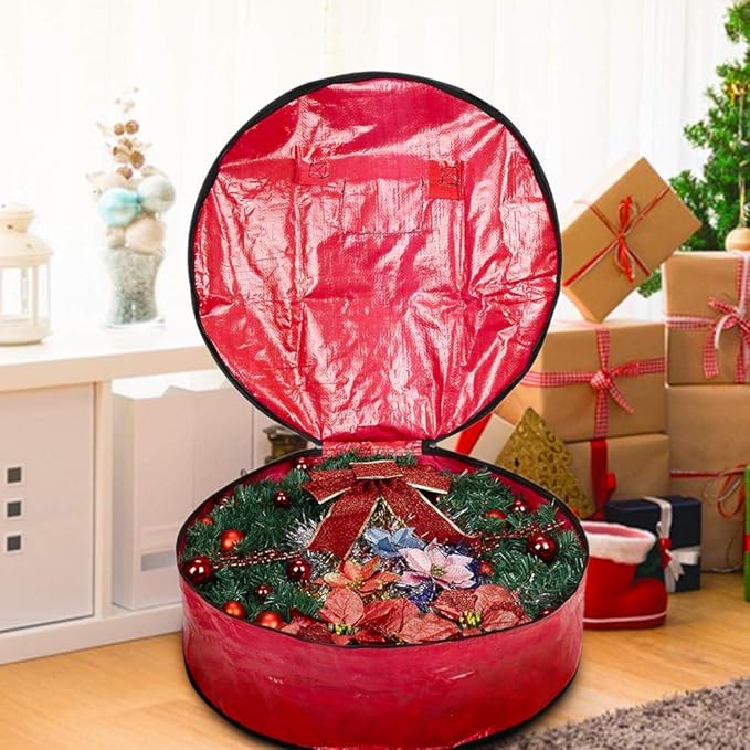 ProPik Christmas Wreath Storage Bag 24" - Garland Holiday Container with Tear Resistant Material - Featuring Heavy Duty Handles and Transparent Card Slot - 24” X 8” (Red)