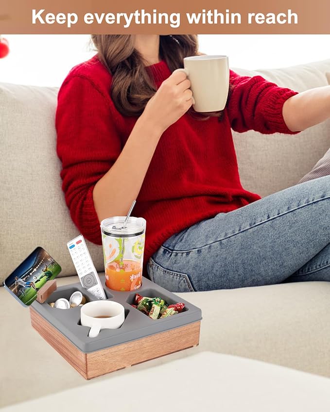 Couch Cup Holder Tray, Silicone Wooden Couch Caddy with Cup Holder for Snacks, Drinks, Remotes, Waterproof Cup Holder for Couch, Organizer, Couch Drink Holder, Sofa Cup Holder, Easter Gifts (Gray)