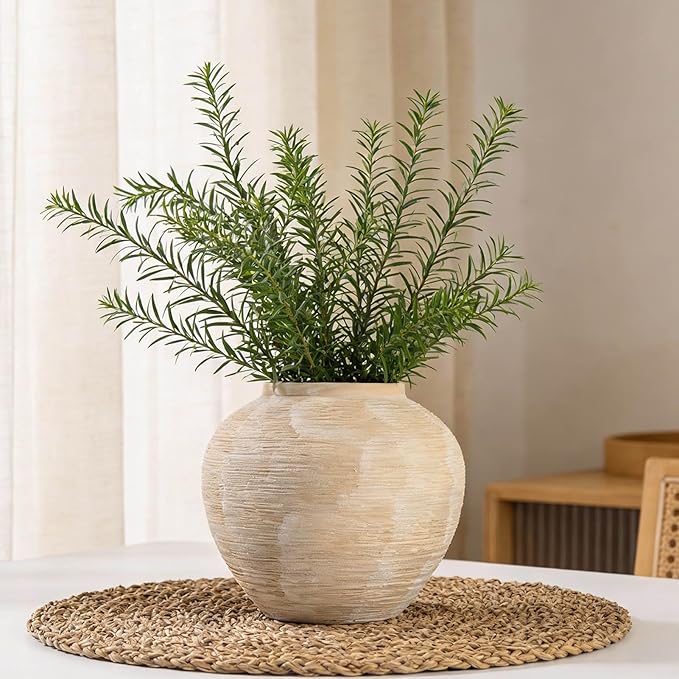 Large Rustic Farmhouse Vase - 8.8 in Ceramic Boho Decorative Vase for Home Decor, Round Clay Whitewashed Terracotta Bowl vase for Living Room, Table, Shelf, Centerpieces
