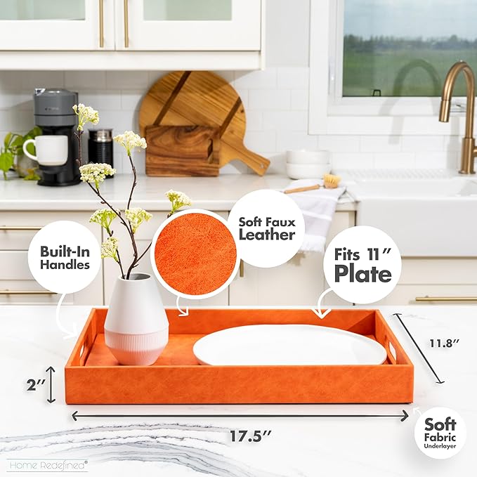 Home Redefined Beautiful Modern Elegant 17.5"x12" Rectangle Orange Faux Leather Decorative Tray Ottoman Coffee Table Perfume Living Room Kitchen Serving Tray with Handles for All Occasion's