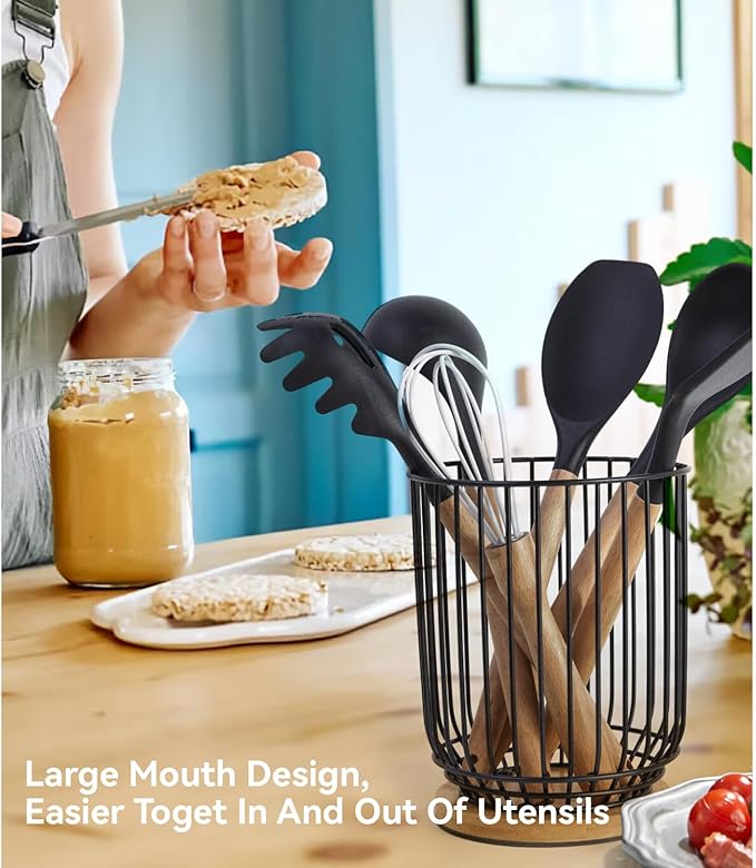 WDT Tool Utensil holder for Kitchen Counter，Large Utensils Holder For Farmhouse Cooking, Utensil Caddy Spatula Holder (Metal+Bamboo-1)