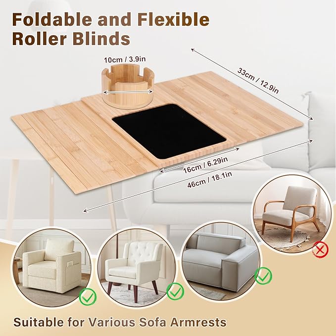 Couch Cup Holder Tray, 3-in-1 Bamboo Couch Armrest Table with 360° Rotating Magnetic and Detachable Phone Holder Stand, Foldable Anti-Slip Sofa Arm Tray for Remote, Phone, Snacks and Drinks