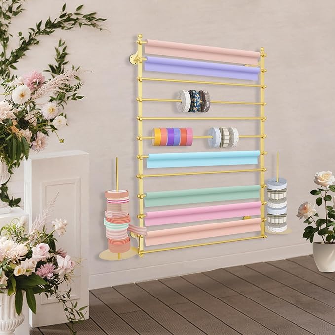 12-Layer Ribbon Holder Organizer Rack Wall Mounted Wrapping Paper Storage Rack Ribbon Dispenser Holder Wrapping Station Display Racks for Craft Room Florist Cake Shop(Gold)