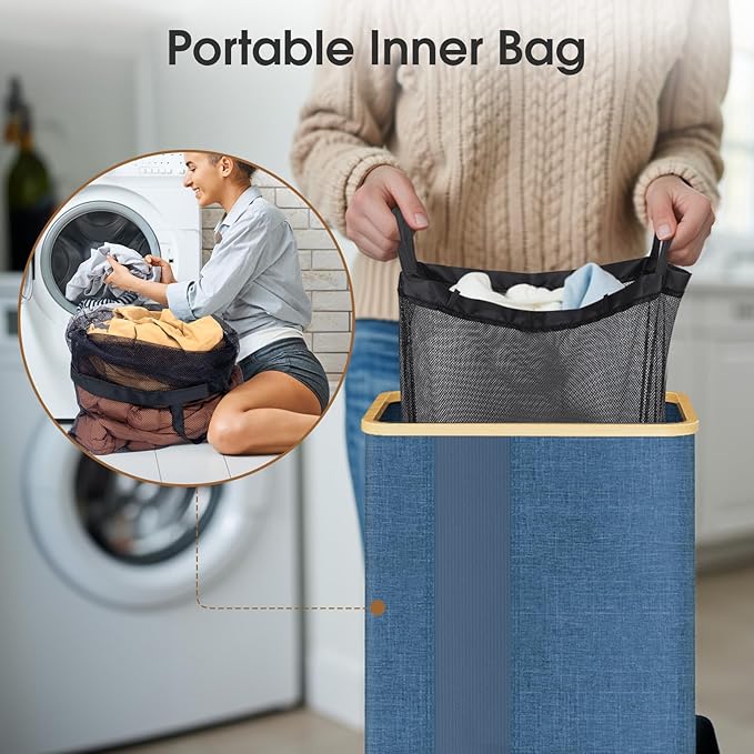 SpaceTrove Laundry Basket Clothes Hamper with Lid and Pocket Large Collapsible Laundry Baskets with Handle, Freestanding Hampers for Bedroom Aesthetic, Dorm, Bathroom, Laundry Room (100L,Light Blue)
