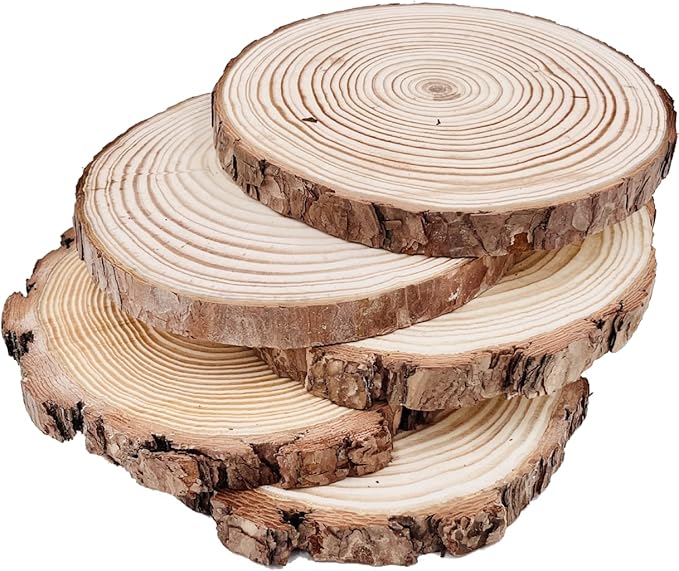Natural Round Discs Rustic Wood Slices 5 Pcs 7-8 inch Unfinished Wood kit Circles Crafts Tree Slices with Bark Log Discs for DIY Arts and Wedding Christmas Ornaments