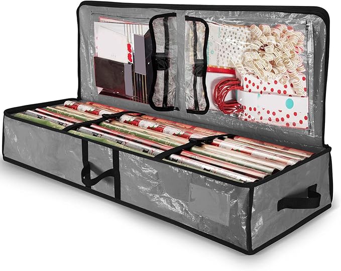 Gift Wrapping Storage Box Christmas Wrapping Paper Storage Bag with Flexible Partitions Pockets Capacity Durable Handle Gift Wrap Organizer