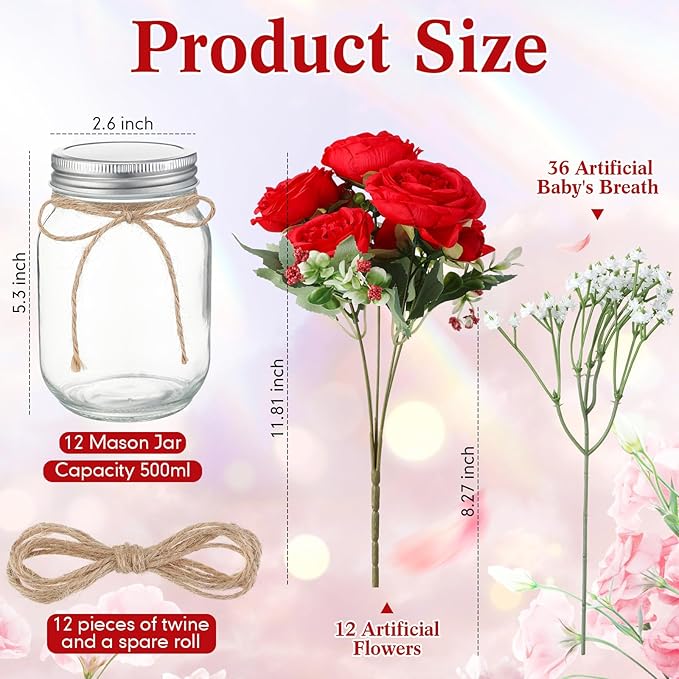 Zeyune 12 Sets Mason Jar Centerpiece Table Decorations, Artificial Peony Baby's Breath Flower Bouquets, Faux Flowers with Vase, Rustic Decor Gifts for Home, Wedding, Holiday (Red)