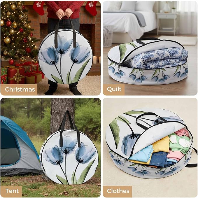 Blue Tulip Round Storage Bag 36 Inch, Country Flower Pastoral Style Clothes Storage Container with Handles Heavy Duty Organizer for Comforter, Bedding & Holiday Wreaths