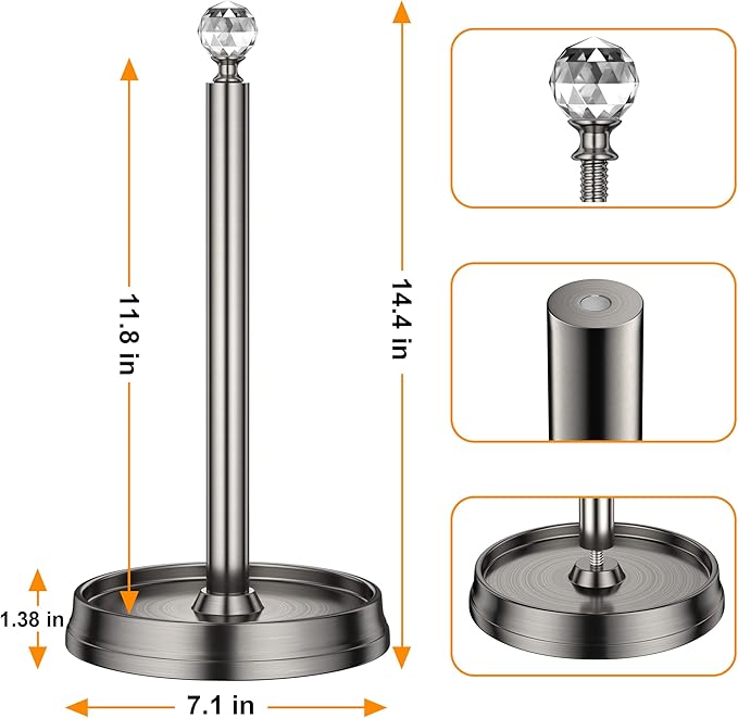 KASUNTO Paper Towel Holder with Crystal Ball - Steel Countertop Stand, Fits Standard & Jumbo Rolls, Brushed Nickel