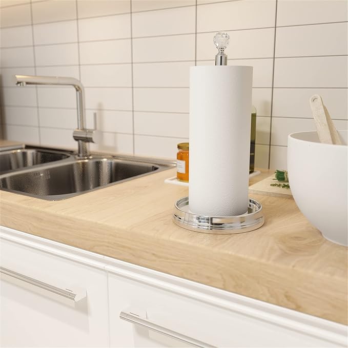 KASUNTO Crystal Ball Paper Towel Holder - Steel Stand for Countertops & Tables, Fits Standard & Jumbo Rolls, Polished Chrome