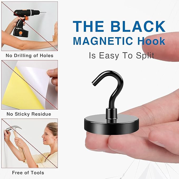 LOVIMAG Heavy Duty Magnetic Hooks Neodymium, 130lbs Magnetic Hooks for Cruise Cabins, Cruise Must Haves, Strong Magnets Hooks with Epoxy Coating for Travel, Hanging - 12 Pcs