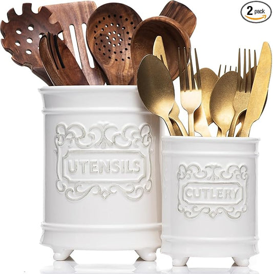 25DOL Large 7.5"+5.5" Elegant Ceramic Utensil Holder for Countertop, Cooking Utensils Organizer for Spatula, Large Utensils Crock for Kitchen Counter, Kitchen Decor, set of 2, White