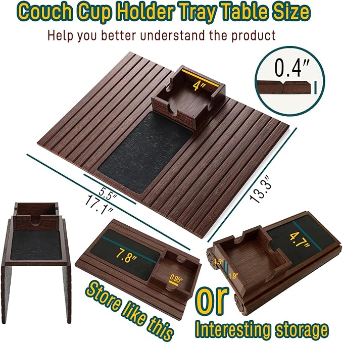 Bamboo Couch Cup Holder Arm Tray Table with Anti-Slip Cork Pad，Couch Drink Holder，Sofa Cup Holder Armrest Tray，Foldable Arm Chair Table Recliners for Drink, Cups, Eats，Snacks, Phone, Remote (Brown)