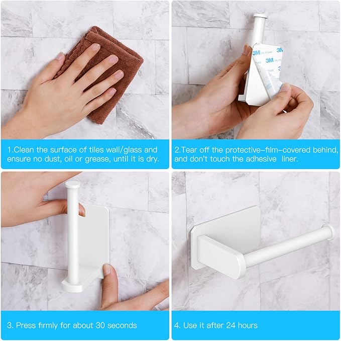 VAEHOLD Toilet Paper Holder Self Adhesive Kitchen Washroom Adhesive Toilet Roll Holder No Drilling for Bathroom Stick on Wall Stainless Steel Brushed (White)