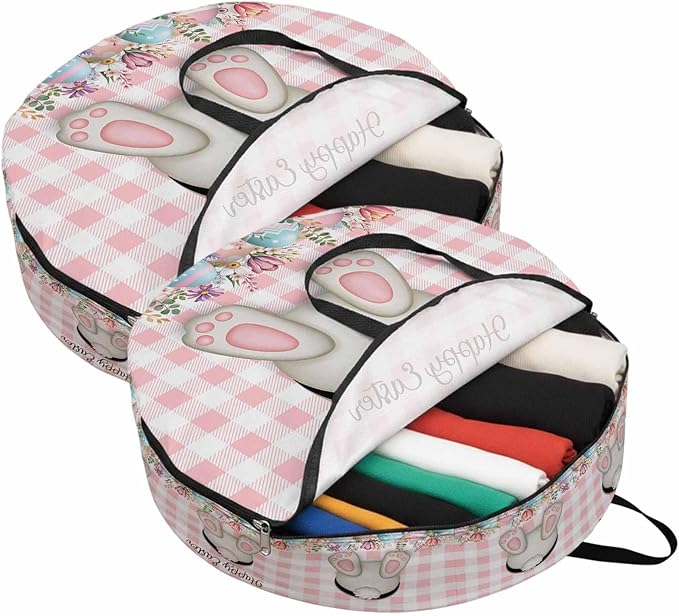24 Inch Round Storage Bag 2 Pack,Funny Rabbits Butt Colorful Easter Eggs Waterproof Wreath Storage Container with Handles&Zipper Pink White Buffalo Tartan Closet Organizer Bags Garland Box