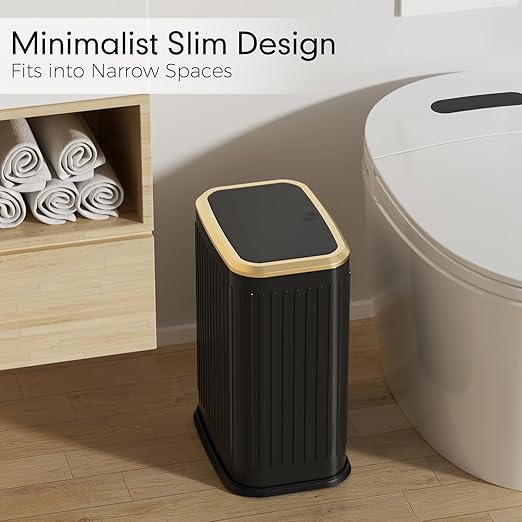 Bathroom Trash Can with Lid 8L/2.1 Gallon Black Trash Can Small Garbage Can with Press Top Lid Slim Stainless Steel Garbage Can with 100 Counts Trash Bags for Bathroom Bedroom Kitchen Office Toilet