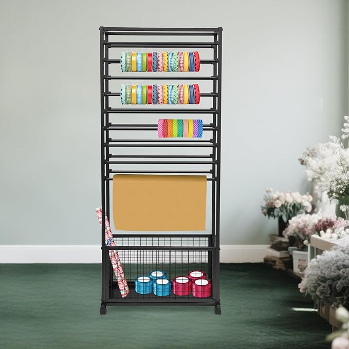 20 Tier Ribbon Holder Organizer Rack, Metal Double-Sided Ribbon Spool Storage Shelf with Wheels, Rolling Flower Wrapping Paper Storage Stand for Craft Room Flower Shop Gift Wrapping(Taller, Black)