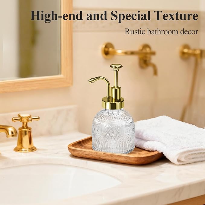 SheeChung Vintage Soap Dispenser, Kitchen Dish Soap Dispensers with Pump Mat, Glass Hand Soap Dispenser for Bathroom, Liquid, Lotion, Refillable, Rustic Farmhouse Decor-Clear (Gold Pump, 1 pk)