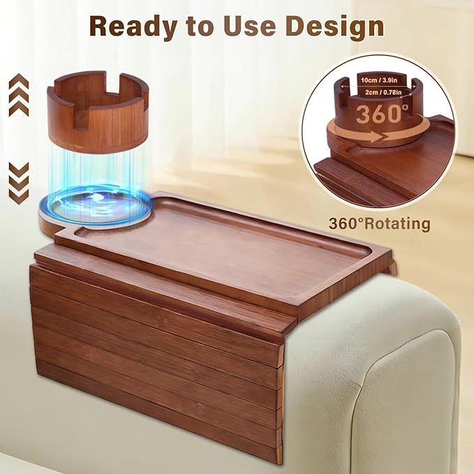 Couch Cup Holder Tray, 3-in-1 Bamboo Couch Armrest Table with 360° Rotating Magnetic and Detachable Phone Holder Stand, Foldable Anti-Slip Sofa Arm Tray for Remote, Phone, Snacks and Drinks