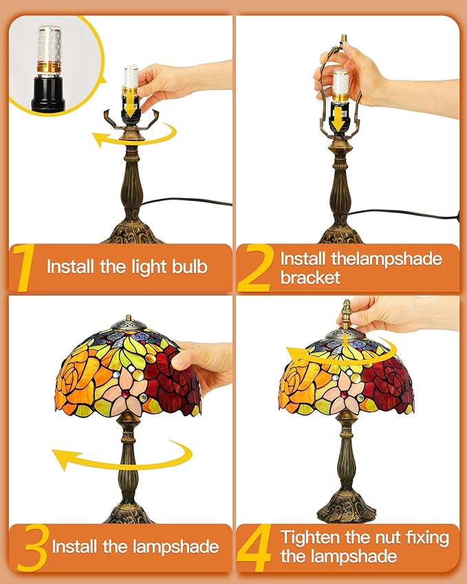 Tiffany Lamp - Rose Flower Stained Glass Table Lamp 12x12x18 Inches - Rose Flower Style Desk Reading Light - Bedroom & Living Room Decor