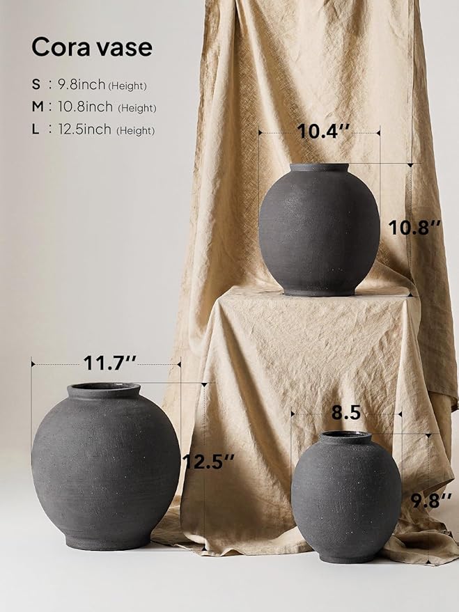 Large Blak Ceramic Vase - 9.8 Inch Rustic Farmhouse Flower Vase for Home Decor, Minimalist Tall Vases for Living Room, Table, Bathroom, Holiday & Weddings (Sandstone Black)