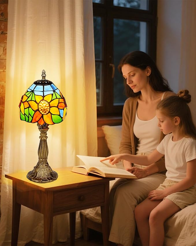 Tiffany Style Table Lamp, 6 Inch Sunflower Stained Glass Lamp, Small Antique Bedside Night Lamp for Bedroom, Living Room, Office, Included LED Bulb