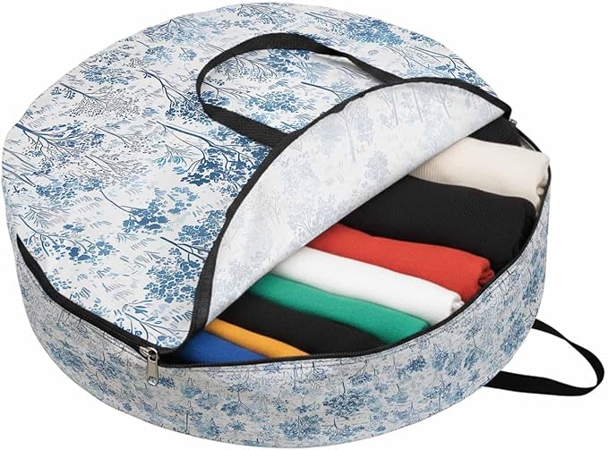 Storage Bag Maple Tree Pine Round Storage Totes Bins Closet Organizers with Zippers & Handle Watercolor Plants Blue Clothes Storage Container for Bedroom Dorm Space Saving Packing Supplies Moving Bags