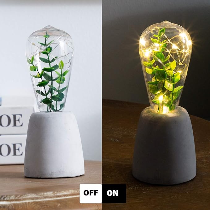 walsport Table Lamp Edison Bulb with Artificial Plant, Concrete Cement Grey Base Nightstand Bedside Lamp, Industrial Minimal Style for Cafe Shop Home Decor Christmas Birthday Gift