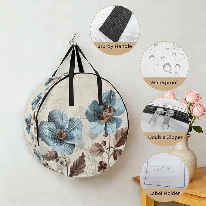 Victorian Style Round Storage Bag 36 Inch, Blue Retro Poppy Flower Plant Clothes Storage Container with Handles Heavy Duty Organizer for Comforter, Bedding & Holiday Wreaths