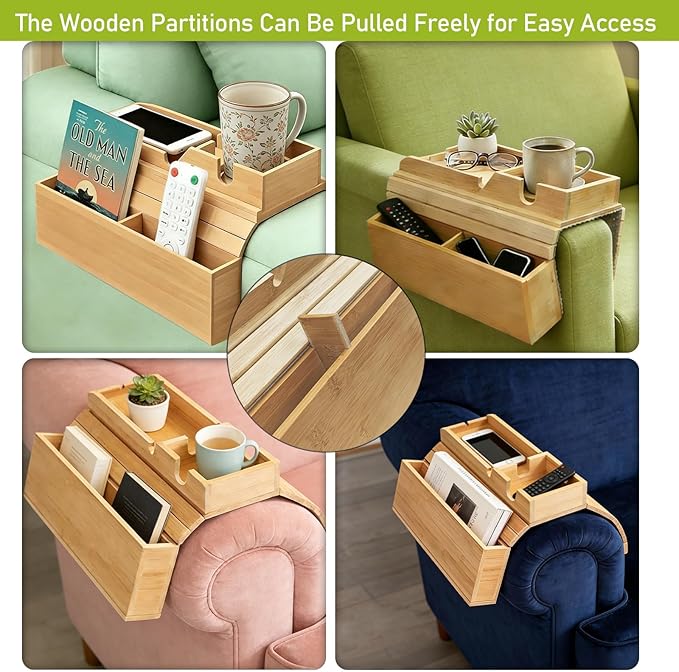 Bamboo Couch Armrest Table with Side Pocket, Anti-Slip Sofa Arm Tray & Tv Remote Holder and Cup Holder Tray, Perfect for Holding Drinks, Snacks, Remotes, Cups, and Phones