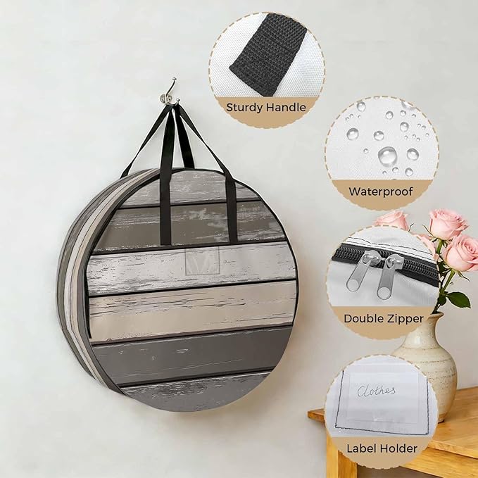 Retro Dark Grey Stripe Round Storage Bag 36 Inch, Peeling Paint Effect Texture Clothes Storage Container with Handles Heavy Duty Organizer for Comforter, Bedding & Holiday Wreaths