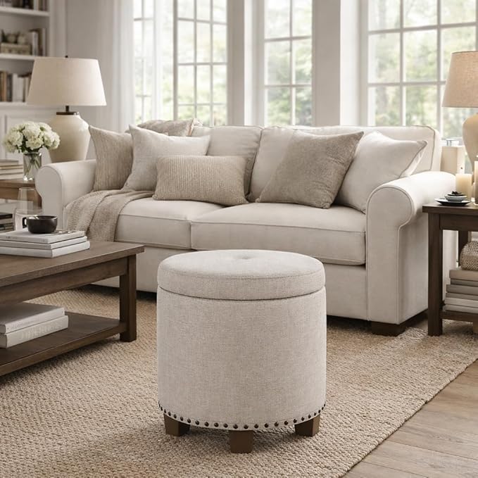 Homepop Home Decor | Upholstered Round Storage Ottoman with Nailheads| Ottoman with Storage for Living Room & Bedroom, Light Brown Fabric