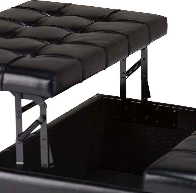SIMPLIHOME Harrison Coffee Table Storage Ottoman - 36 inch Wide Upholstered Vegan Leather Square Lift-Top Ottoman in Midnight Black, Transitional Ottoman for Living Room with Hidden Storage