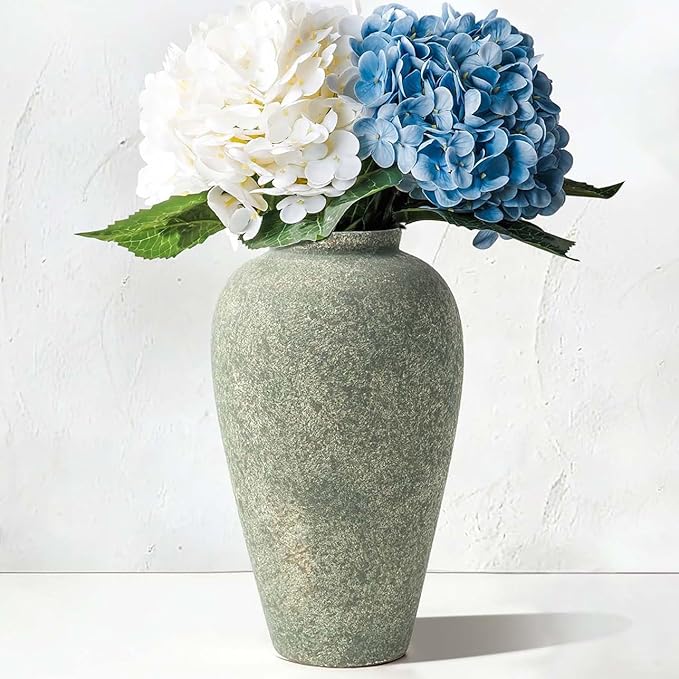 Green Ceramic Vase 11 Inch, Large Tall Decorative Vase for Centerpieces, Farmhouse Rustic Flower Vase for Home Decor, Living Room, Console, Wedding