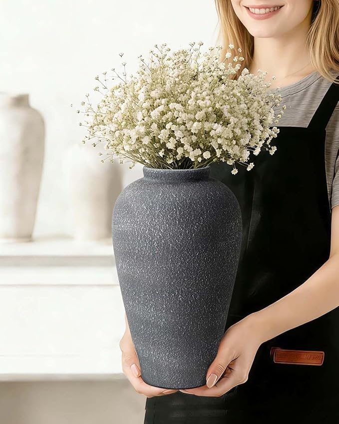 Large Ceramic Flower Vase 11 Inches, YBX Black Rustic Ceramic Vase, Decorative Farmhouse Tall Vase for Home Decor, Living Room, Bedroom, Centerpieces, Console, Wedding, Table Decorations, Black