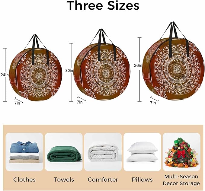 Storage Bag Orange Boho Round Storage Totes Bins Closet Organizers with Zippers & Handle Gorgeous Bohemian Flower Clothes Storage Container for Bedroom Dorm Space Saving Packing Supplies Moving Bags