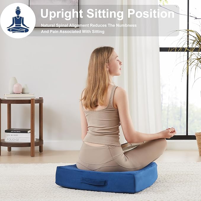 JKMAX 22 inches Floor Pillow for Adults - Large Meditation Cushion with Thick Foam & Soft Tufted Cover - Premium Outdoor Square Floor Cushion Seat - Yoga Pillows for Sitting On Floor - Navy Blue