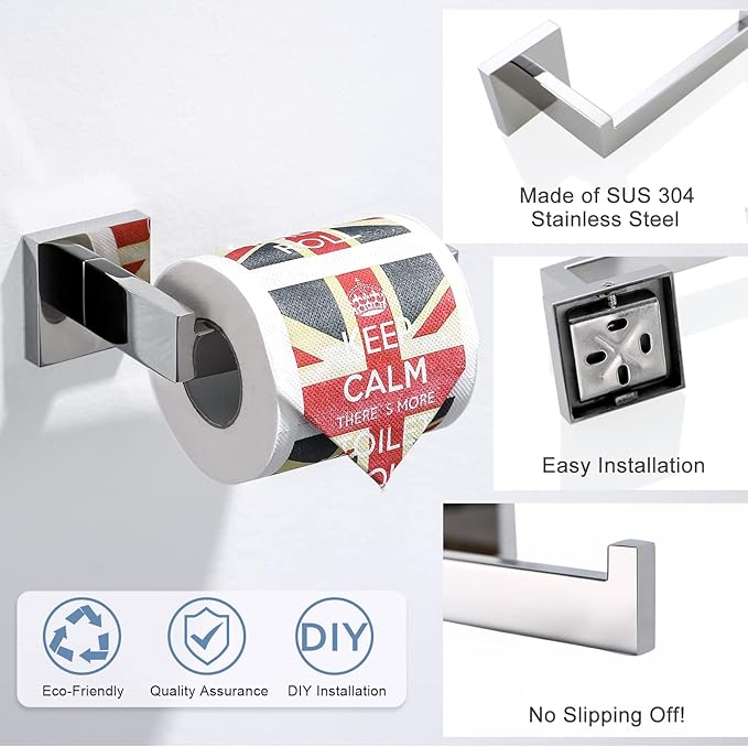 TQKAG Polished Stainless Steel Toilet Paper Holder,Modern Square Tissue Roll Holders Wall Mount, Toilet Paper Roll Dispenser for Kitchen Washroom