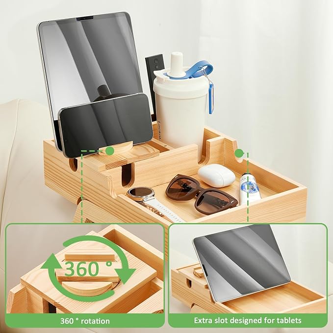 Couch Armrest Table, Sofa Arm Tray with Cup Holder w/360° Rotated Phone Holder, Pine Wood Sofa Arm Clip-On Side Table for Drink Snack Remote Holder