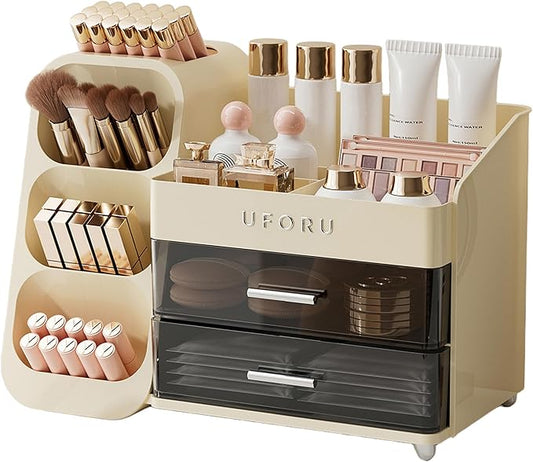 Makeup Organizer for Vanity with Brush Holder, Large Plastic Bathroom Countertop Skincare Organizer with 2 Drawers, Spacious Cosmetic Display Case for Perfumes, Eyeshadow Palettes, Nail Polishes
