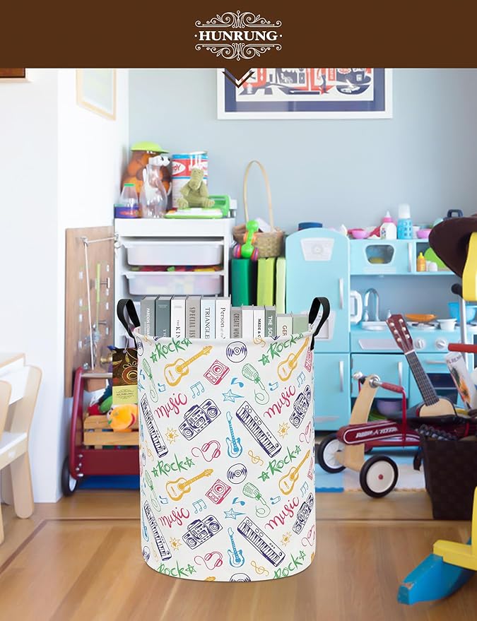 HUNRUNG Collapsible Fabric Storage Basket, Waterproof Laundry Hamper with Handles, Round Storage Bin for Clothes Toys, Foldable Organizer for Bedroom Nursery Bathroom(Round-Musical instrument)