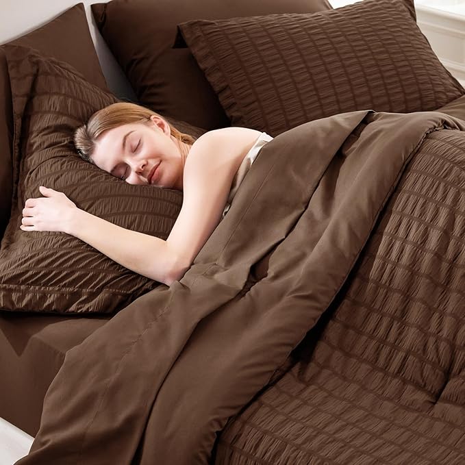 CozyLux Queen Comforter Set Brown Seersucker 7 Pieces Bed in a Bag Queen Comforter Set with Sheets, Luxury Soft Bedding Sets with Down Alternative Comforter, Sheets, Pillowcases & Shams for All Season