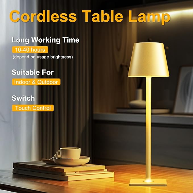 FenFud 2 Pack Gold Cordless Table Lamp - 6000mAh Battery Operated Touch Lamp with 3 Color Stepless Dimming, Waterproof & Wireless for Indoor & Outdoor Use, Perfect for Living Room Camping Café Patio