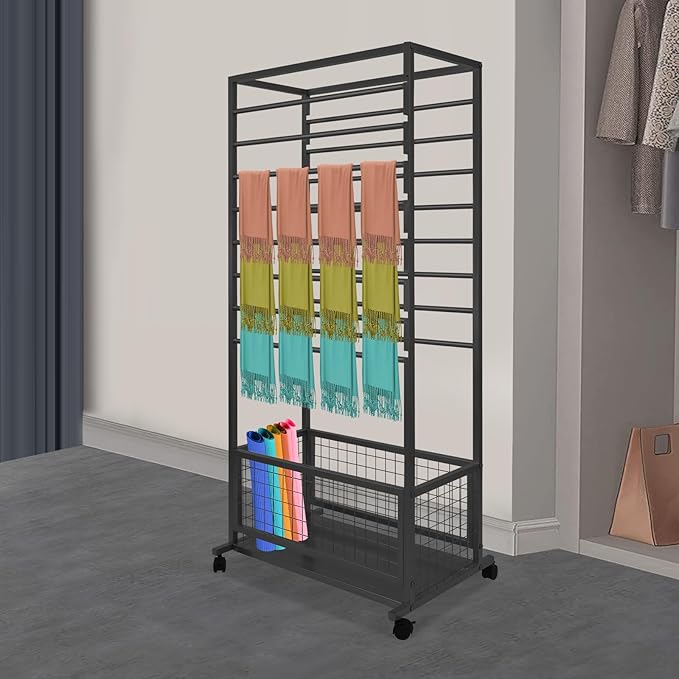 Mobile Ribbon Holder Double-Sided Ribbon Organizer Rack with 16 Hanging Rods Multifunctional Flower Wrapping Paper Storage Stand with Lockable Wheels Wrapping Paper Rack (26.38*12.99*59.06in, Black)