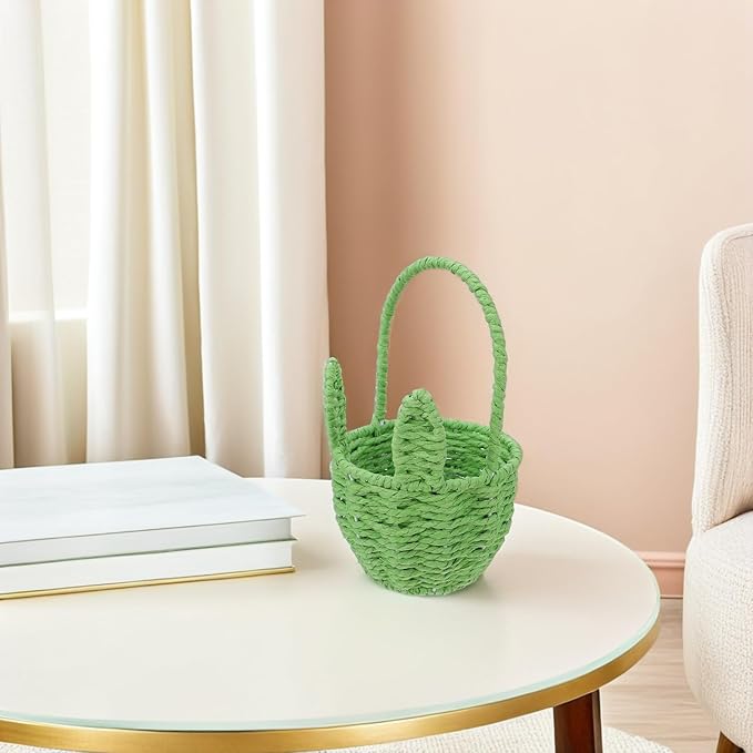 LOGOFUN Handwoven Paper Rope Bunny Ears Basket for Easter Egg Hunt Party Decoration and Candy Storage 8.2x4.9x3.3inches Green